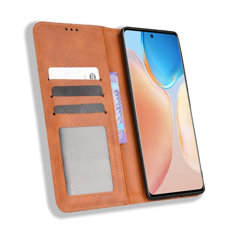 PU Leather Mosaic Imprinted Case for vivo X70 Pro+, Foldable Stand Wallet Magnetic Auto-absorbed Cover - Brown