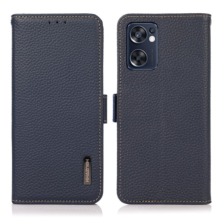 KHAZNEH Top Layer Genuine Leather RFID Blocking Case for Oppo Reno7 SE 5G, Stand Wallet Litchi Texture Phone Cover - Blue