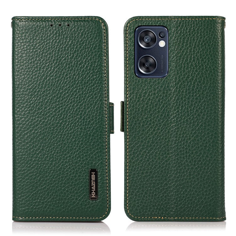 KHAZNEH Top Layer Genuine Leather RFID Blocking Case for Oppo Reno7 SE 5G, Stand Wallet Litchi Texture Phone Cover - Green