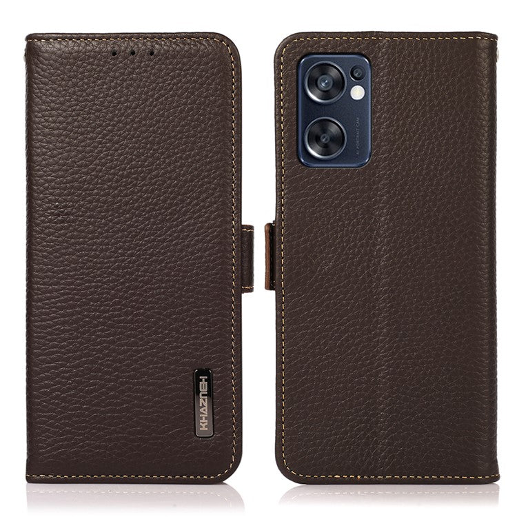 KHAZNEH Top Layer Genuine Leather RFID Blocking Case for Oppo Reno7 SE 5G, Stand Wallet Litchi Texture Phone Cover - Brown