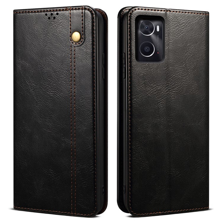 For Realme 9i 4G / Oppo A76 / A36 PU Leather Wallet Case Waxy Crazy Horse Texture Stand Phone Cover - Black