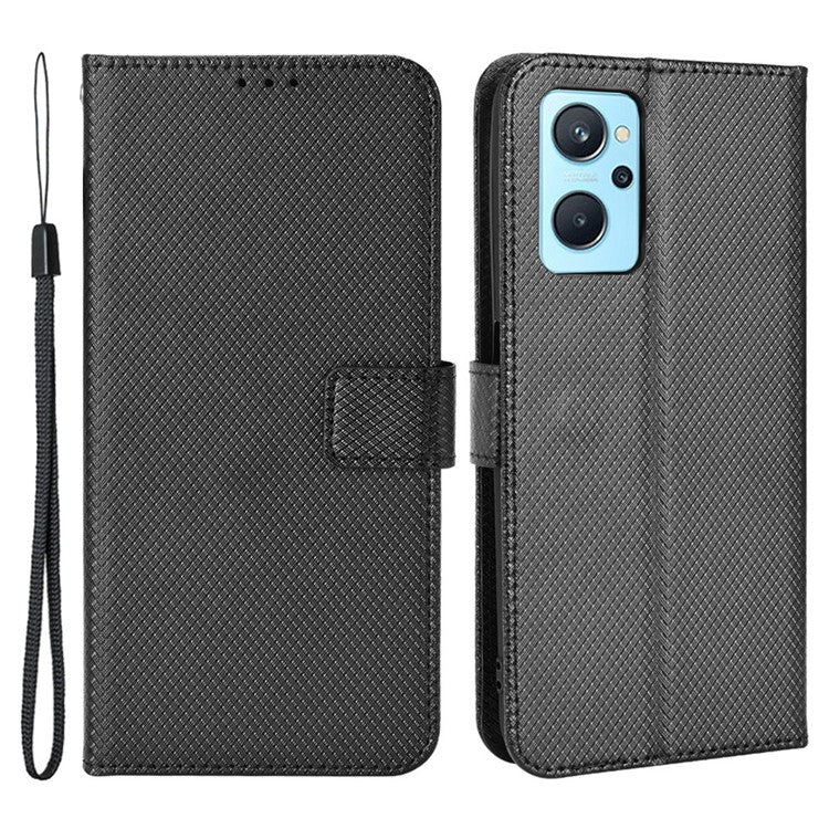 For Realme 9i/Oppo A36 4G/A76 4G Diamond Texture PU Leather Stand Wallet Magnetic Clasp Phone Case Cover with Wrist Strap - Black