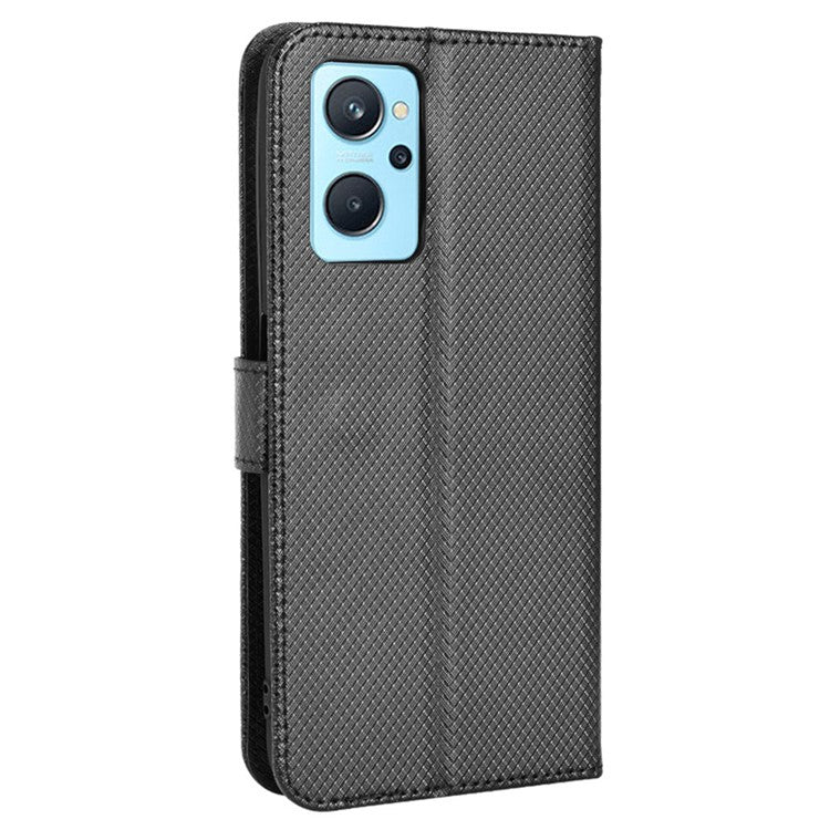 For Realme 9i/Oppo A36 4G/A76 4G Diamond Texture PU Leather Stand Wallet Magnetic Clasp Phone Case Cover with Wrist Strap - Black