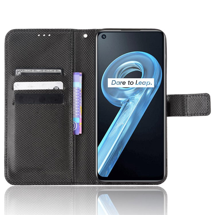 For Realme 9i/Oppo A36 4G/A76 4G Diamond Texture PU Leather Stand Wallet Magnetic Clasp Phone Case Cover with Wrist Strap - Black