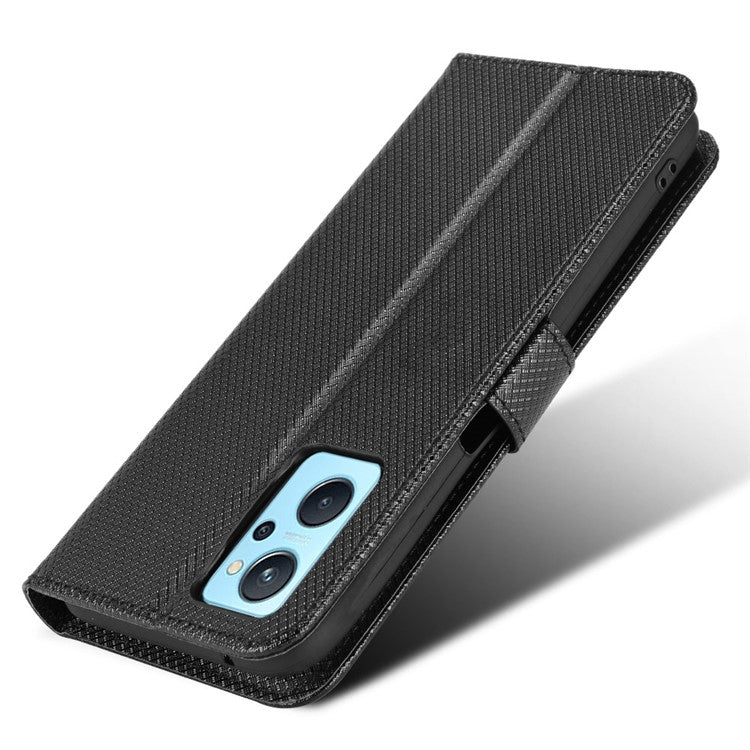 For Realme 9i/Oppo A36 4G/A76 4G Diamond Texture PU Leather Stand Wallet Magnetic Clasp Phone Case Cover with Wrist Strap - Black