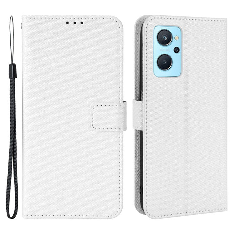 For Realme 9i/Oppo A36 4G/A76 4G Diamond Texture PU Leather Stand Wallet Magnetic Clasp Phone Case Cover with Wrist Strap - White