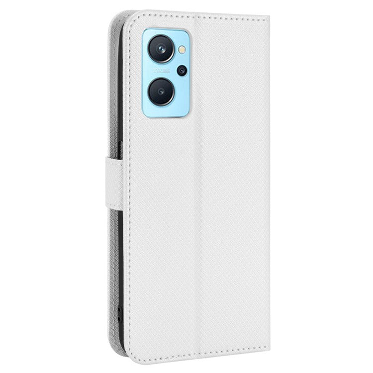 For Realme 9i/Oppo A36 4G/A76 4G Diamond Texture PU Leather Stand Wallet Magnetic Clasp Phone Case Cover with Wrist Strap - White