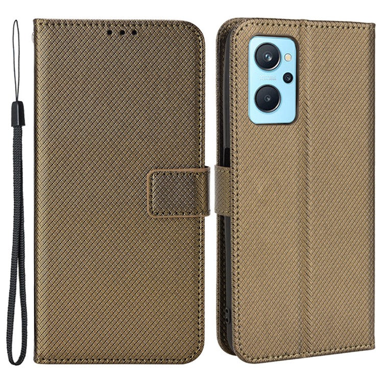 For Realme 9i/Oppo A36 4G/A76 4G Diamond Texture PU Leather Stand Wallet Magnetic Clasp Phone Case Cover with Wrist Strap - Brown