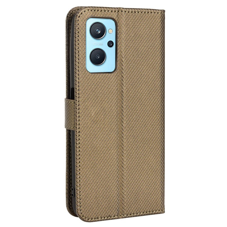 For Realme 9i/Oppo A36 4G/A76 4G Diamond Texture PU Leather Stand Wallet Magnetic Clasp Phone Case Cover with Wrist Strap - Brown