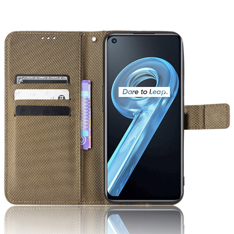 For Realme 9i/Oppo A36 4G/A76 4G Diamond Texture PU Leather Stand Wallet Magnetic Clasp Phone Case Cover with Wrist Strap - Brown