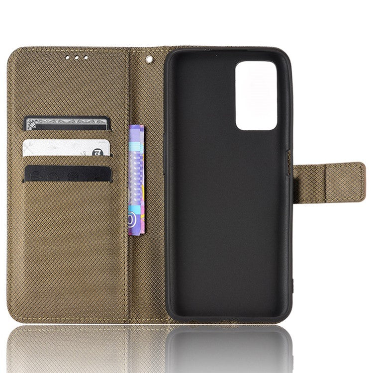 For Realme 9i/Oppo A36 4G/A76 4G Diamond Texture PU Leather Stand Wallet Magnetic Clasp Phone Case Cover with Wrist Strap - Brown