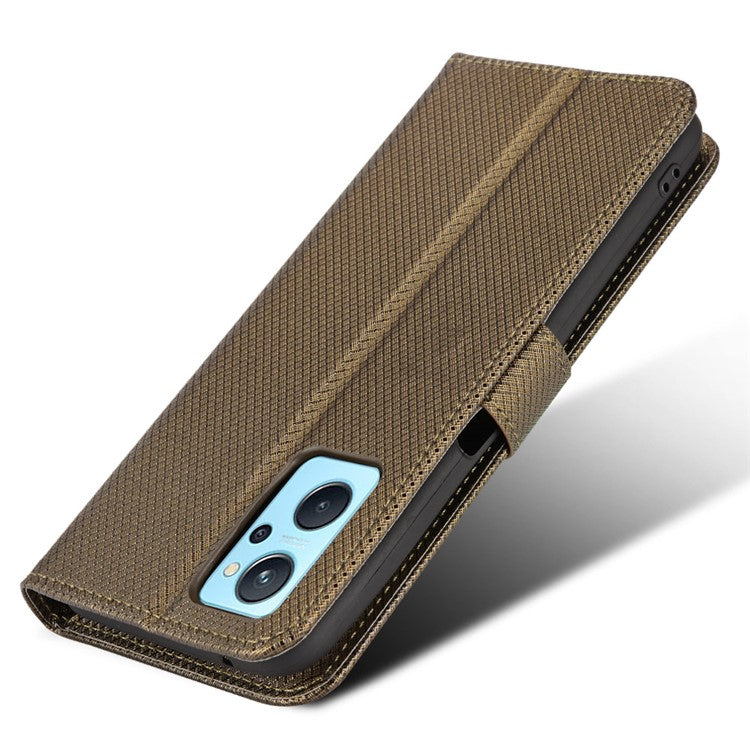 For Realme 9i/Oppo A36 4G/A76 4G Diamond Texture PU Leather Stand Wallet Magnetic Clasp Phone Case Cover with Wrist Strap - Brown