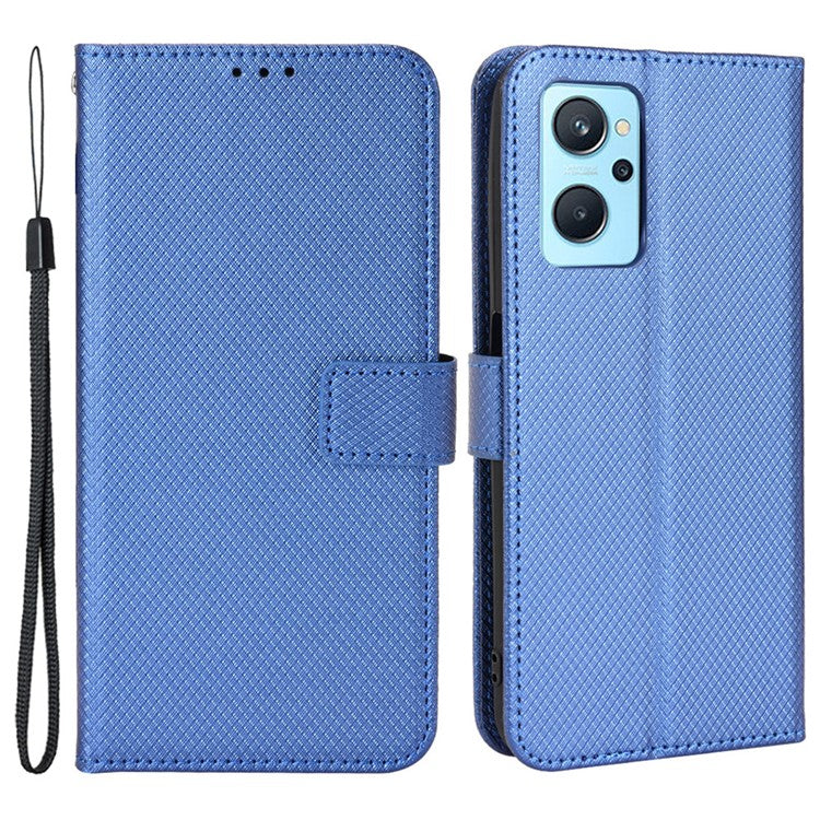 For Realme 9i/Oppo A36 4G/A76 4G Diamond Texture PU Leather Stand Wallet Magnetic Clasp Phone Case Cover with Wrist Strap - Blue