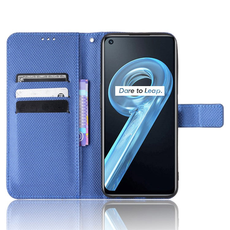 For Realme 9i/Oppo A36 4G/A76 4G Diamond Texture PU Leather Stand Wallet Magnetic Clasp Phone Case Cover with Wrist Strap - Blue