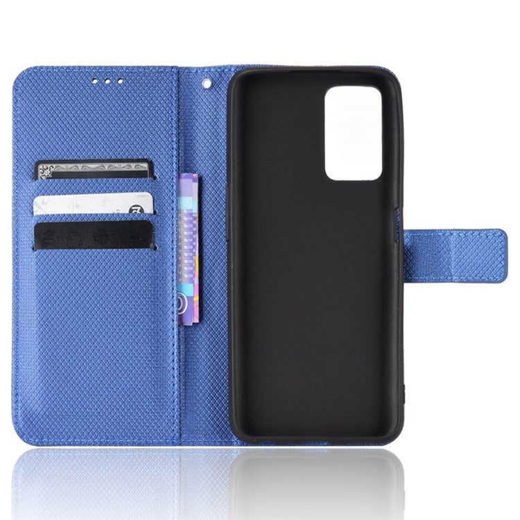 For Realme 9i/Oppo A36 4G/A76 4G Diamond Texture PU Leather Stand Wallet Magnetic Clasp Phone Case Cover with Wrist Strap - Blue