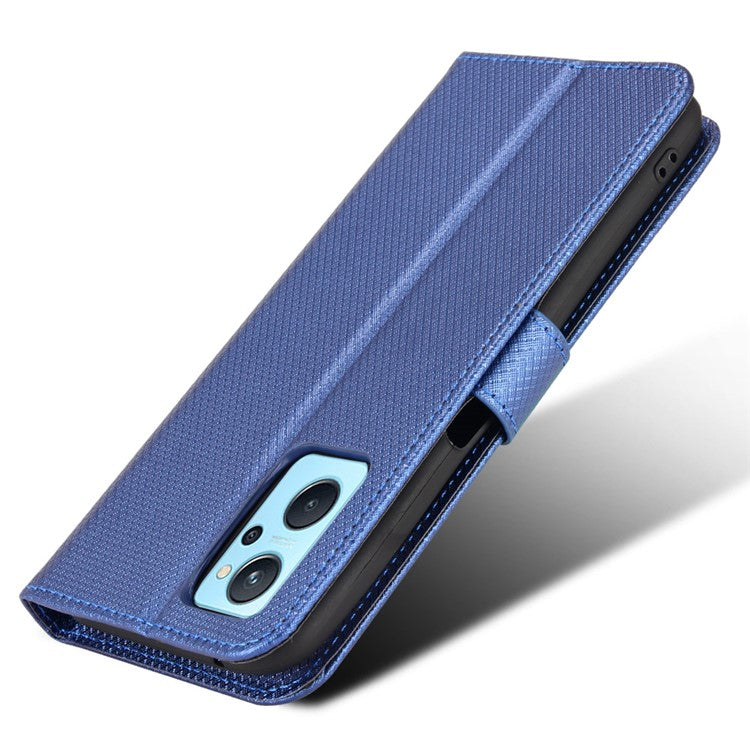 For Realme 9i/Oppo A36 4G/A76 4G Diamond Texture PU Leather Stand Wallet Magnetic Clasp Phone Case Cover with Wrist Strap - Blue