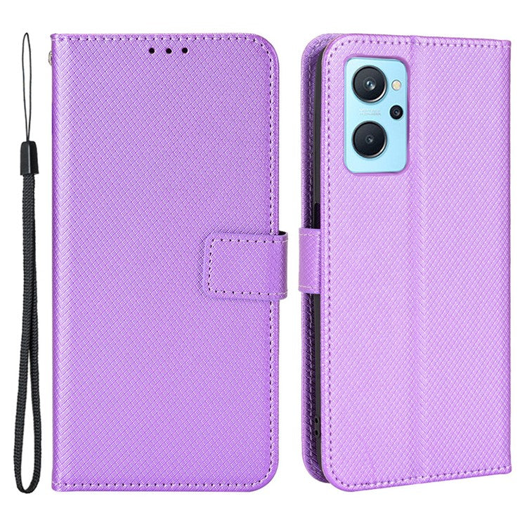 For Realme 9i/Oppo A36 4G/A76 4G Diamond Texture PU Leather Stand Wallet Magnetic Clasp Phone Case Cover with Wrist Strap - Purple