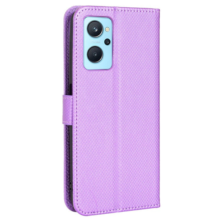 For Realme 9i/Oppo A36 4G/A76 4G Diamond Texture PU Leather Stand Wallet Magnetic Clasp Phone Case Cover with Wrist Strap - Purple