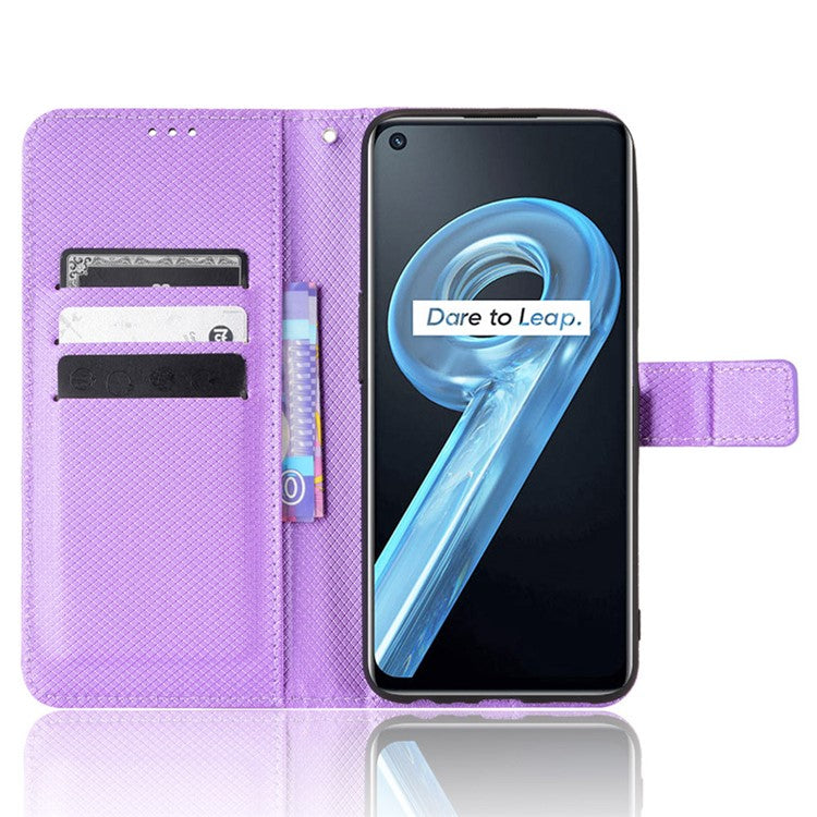 For Realme 9i/Oppo A36 4G/A76 4G Diamond Texture PU Leather Stand Wallet Magnetic Clasp Phone Case Cover with Wrist Strap - Purple