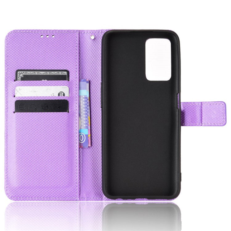 For Realme 9i/Oppo A36 4G/A76 4G Diamond Texture PU Leather Stand Wallet Magnetic Clasp Phone Case Cover with Wrist Strap - Purple