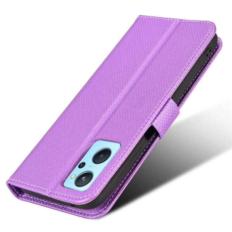 For Realme 9i/Oppo A36 4G/A76 4G Diamond Texture PU Leather Stand Wallet Magnetic Clasp Phone Case Cover with Wrist Strap - Purple