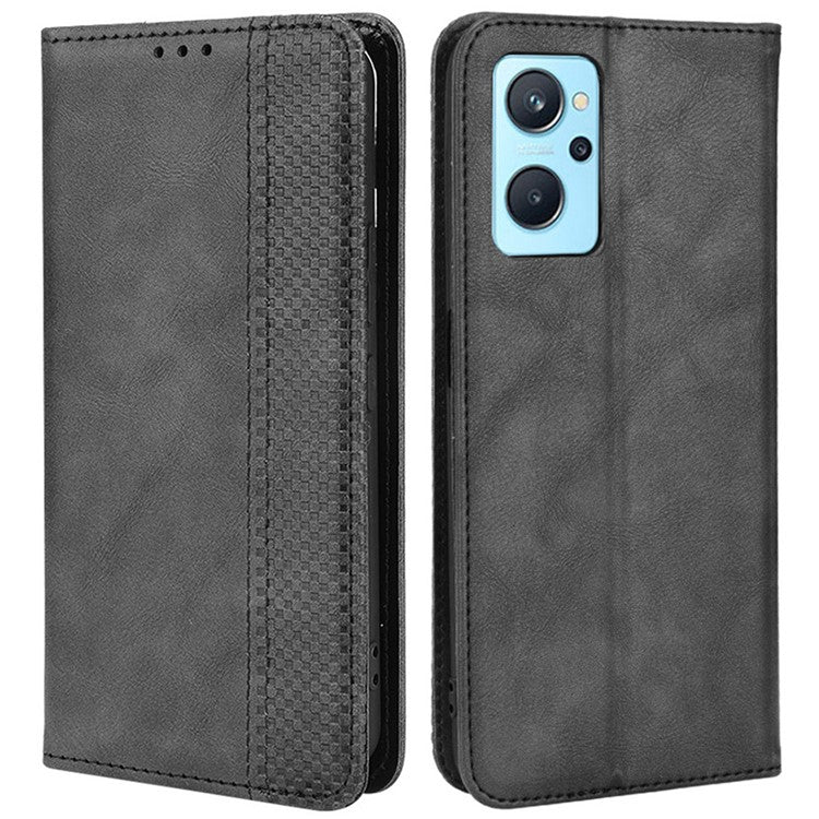 Mosaic Imprinted Leather Case for Realme 9i/Oppo A36 4G/A76 4G, Wallet Stand Auto Closing Magnetic Phone Cover - Black