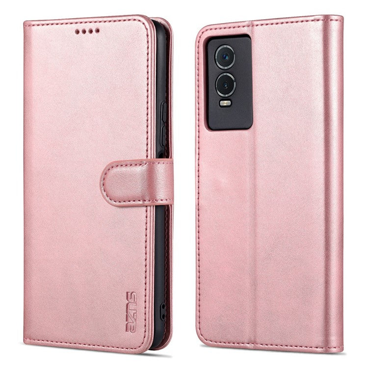 AZNS PU Leather Case for vivo Y76s / Y74s, Wallet Folding Stand Magnetic Scratch-proof Flip Cover - Rose Gold