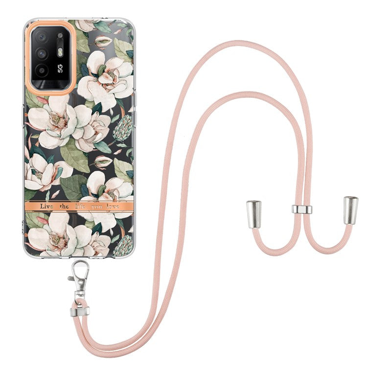 YB IMD-9 Series Electroplating IMD Case for Oppo A94 5G, Flower Pattern Soft TPU Scratch-Resistant Back Cover with Lanyard - HC001 Green Gardenia