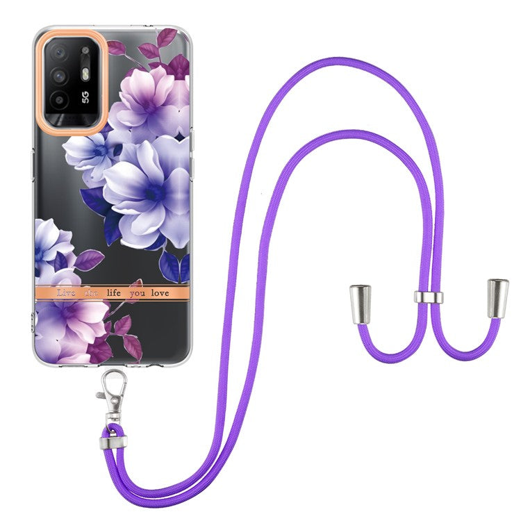 YB IMD-9 Series Electroplating IMD Case for Oppo A94 5G, Flower Pattern Soft TPU Scratch-Resistant Back Cover with Lanyard - HC004 Purple Begonia