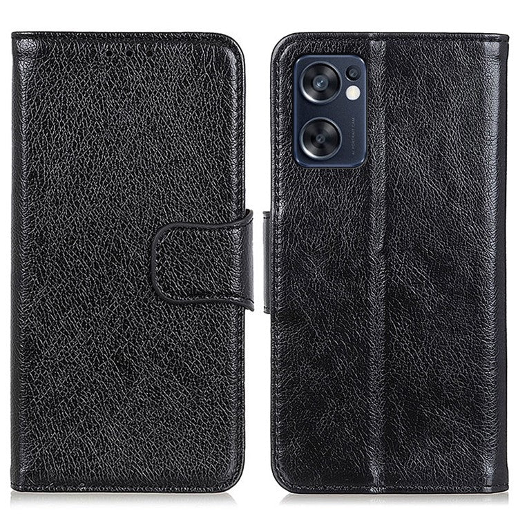 Mobile Phone Case for Oppo Reno7 SE 5G Nappa Texture Split Leather Stand Wallet Dual-sided Magnetic Clasp Phone Shell - Black