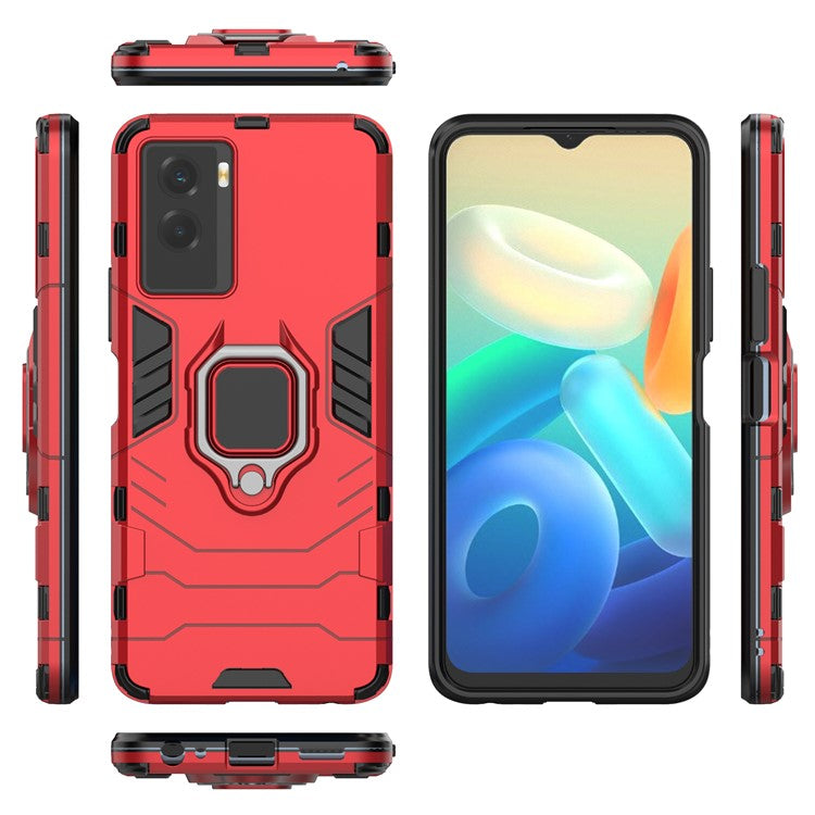 Soft TPU + Hard PC Case for vivo Y55s 5G, Ring Holder Kickstand Anti-fall Mobile Phone Case Cover - Red