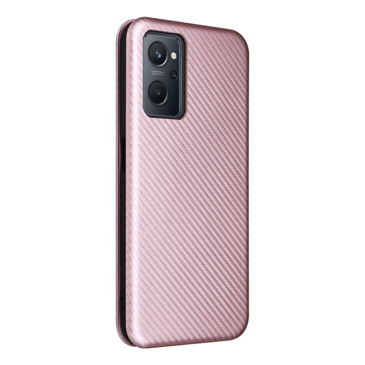 For Realme 9i/Oppo A36 4G/A76 4G Carbon Fiber Texture PU Leather Phone Case Card Slot Stand Cover Shell - Rose Gold