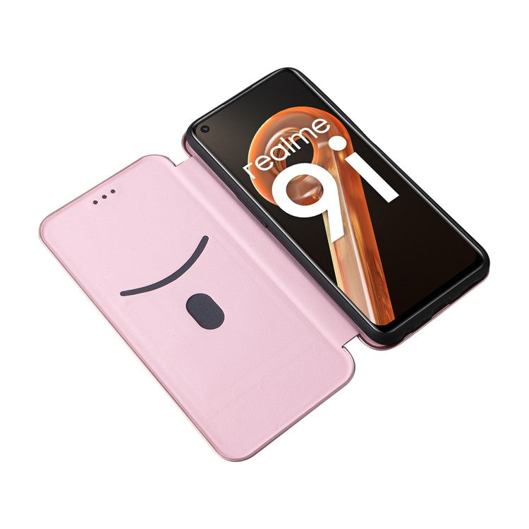 For Realme 9i/Oppo A36 4G/A76 4G Carbon Fiber Texture PU Leather Phone Case Card Slot Stand Cover Shell - Rose Gold