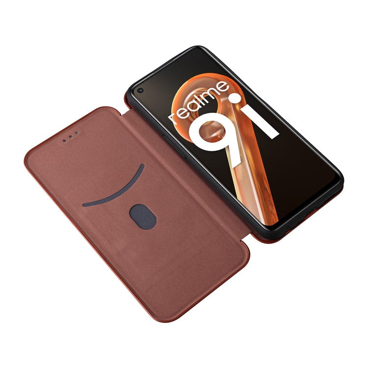 For Realme 9i/Oppo A36 4G/A76 4G Carbon Fiber Texture PU Leather Phone Case Card Slot Stand Cover Shell - Orange