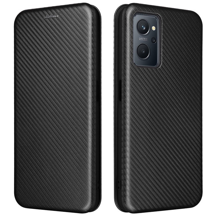 For Realme 9i/Oppo A36 4G/A76 4G Carbon Fiber Texture PU Leather Phone Case Card Slot Stand Cover Shell - Black