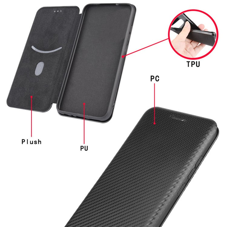 For Realme 9i/Oppo A36 4G/A76 4G Carbon Fiber Texture PU Leather Phone Case Card Slot Stand Cover Shell - Black