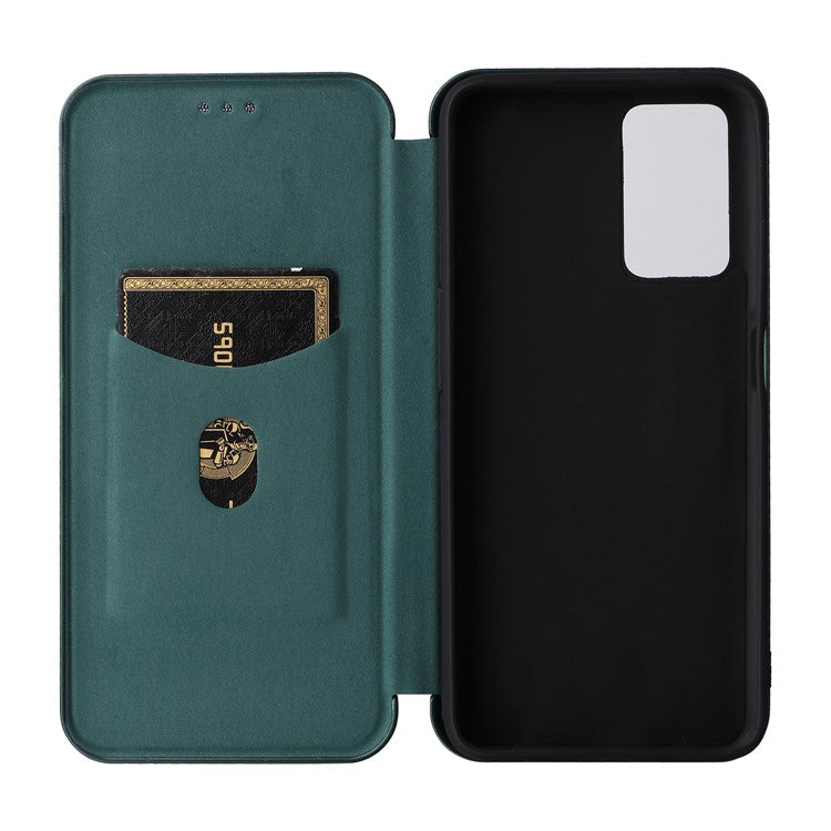 For Realme 9i/Oppo A36 4G/A76 4G Carbon Fiber Texture PU Leather Phone Case Card Slot Stand Cover Shell - Green