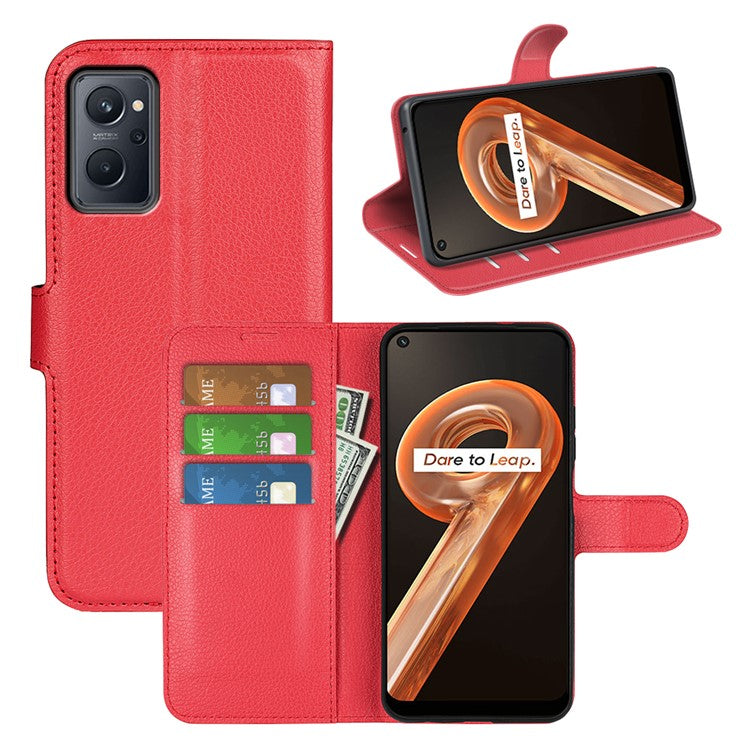 For Realme 9i/Oppo A36 4G/A76 4G Litchi Texture PU Leather Flip Cover Stand Wallet Magnetic Closure Folio Book Phone Case - Red