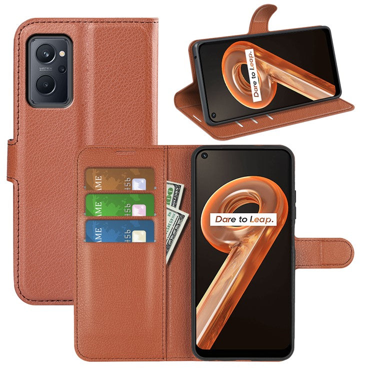 For Realme 9i/Oppo A36 4G/A76 4G Litchi Texture PU Leather Flip Cover Stand Wallet Magnetic Closure Folio Book Phone Case - Brown