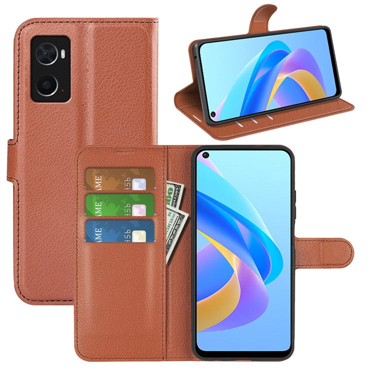 For Realme 9i/Oppo A36 4G/A76 4G PU Leather + TPU Leather Case Wallet Stand Overall Protection Litchi Texture Phone Cover - Brown