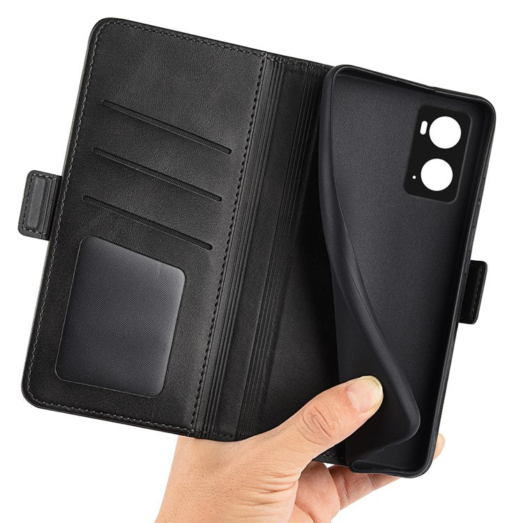 For Realme 9i/Oppo A36 4G/A76 4G Textured PU Leather Phone Case Folio Flip Wallet Protective Cover with Foldable Stand - Black