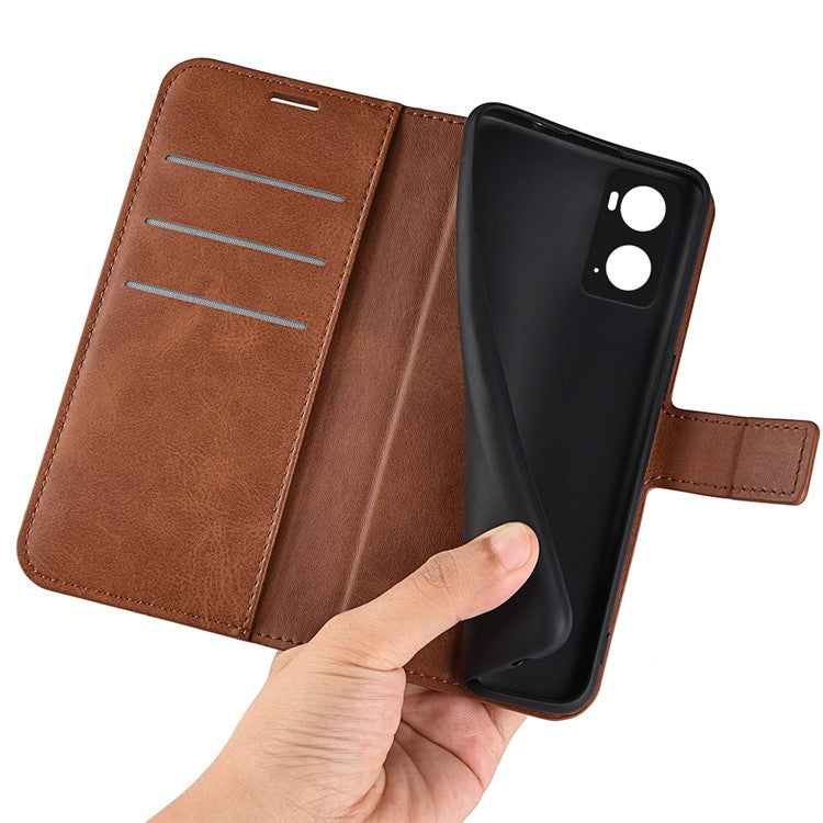 For Realme 9i/Oppo A36 4G/A76 4G Shockproof Textured PU Leather Wallet Phone Case Foldable Stand Folio Flip Phone Cover Shell - Light Brown