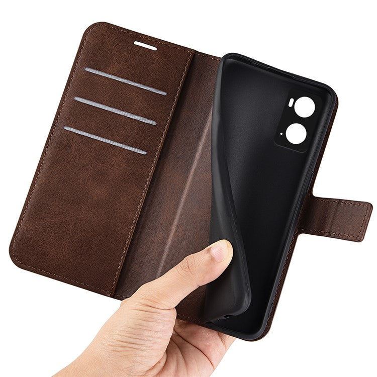 For Realme 9i/Oppo A36 4G/A76 4G Shockproof Textured PU Leather Wallet Phone Case Foldable Stand Folio Flip Phone Cover Shell - Brown