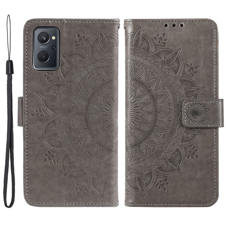 For Realme 9i / Oppo A36/A76 Imprinted Mandala Flower PU Leather Cover Viewing Stand Wallet Folio Flip Case with Wrist Strap - Grey