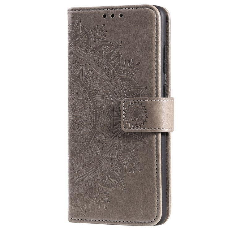 For Realme 9i / Oppo A36/A76 Imprinted Mandala Flower PU Leather Cover Viewing Stand Wallet Folio Flip Case with Wrist Strap - Grey