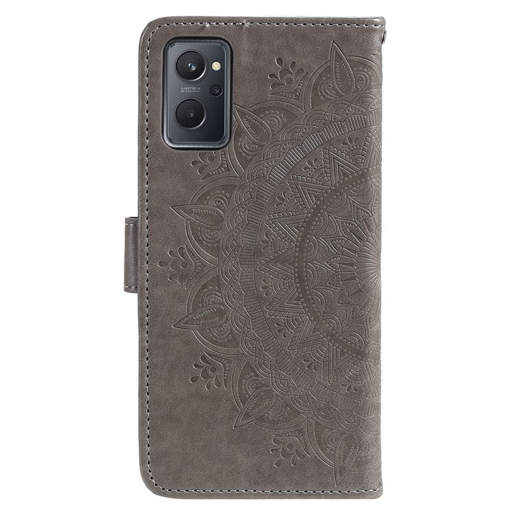 For Realme 9i / Oppo A36/A76 Imprinted Mandala Flower PU Leather Cover Viewing Stand Wallet Folio Flip Case with Wrist Strap - Grey