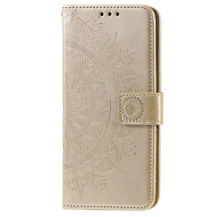 For Realme 9i / Oppo A36/A76 Imprinted Mandala Flower PU Leather Cover Viewing Stand Wallet Folio Flip Case with Wrist Strap - Gold