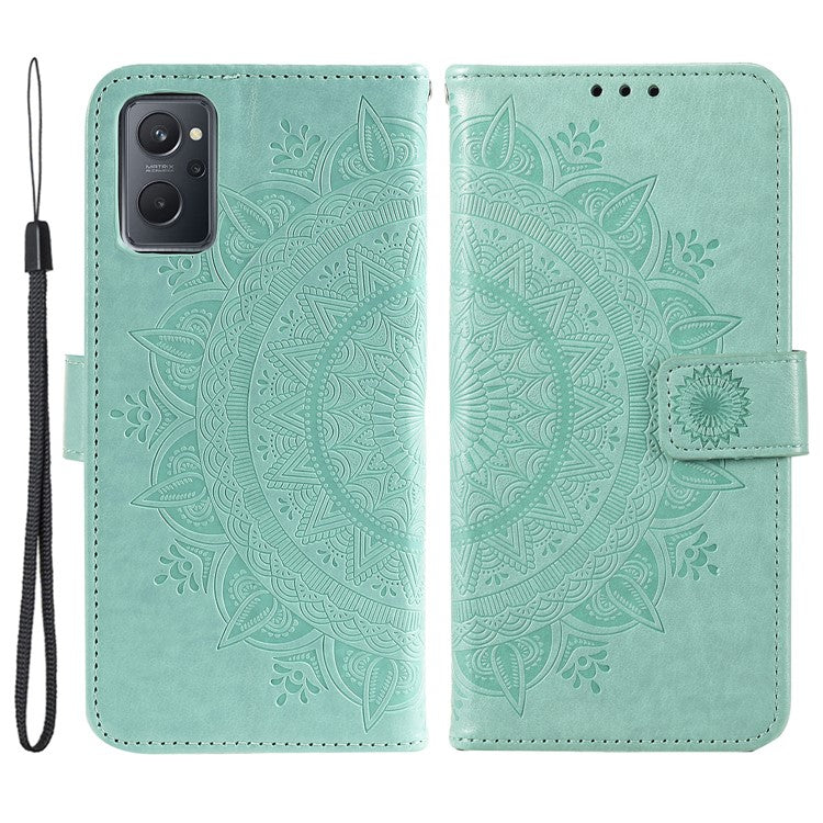 For Realme 9i / Oppo A36/A76 Imprinted Mandala Flower PU Leather Cover Viewing Stand Wallet Folio Flip Case with Wrist Strap - Green