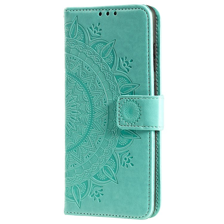 For Realme 9i / Oppo A36/A76 Imprinted Mandala Flower PU Leather Cover Viewing Stand Wallet Folio Flip Case with Wrist Strap - Green