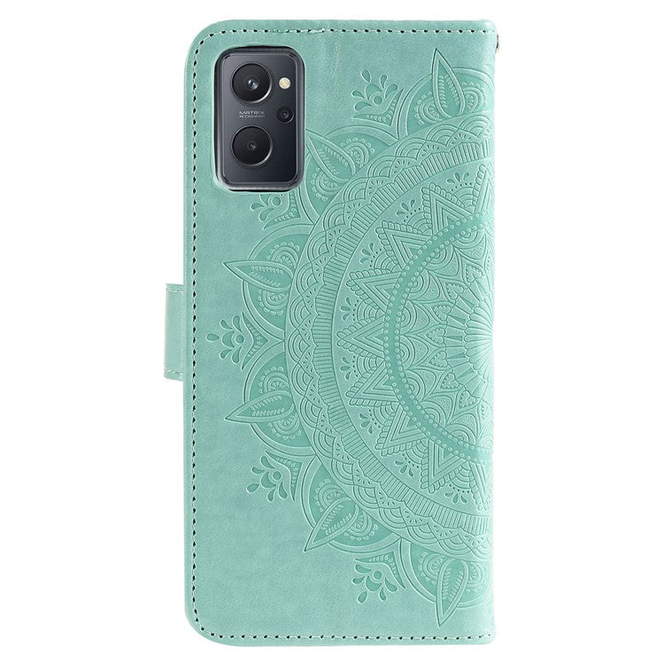 For Realme 9i / Oppo A36/A76 Imprinted Mandala Flower PU Leather Cover Viewing Stand Wallet Folio Flip Case with Wrist Strap - Green